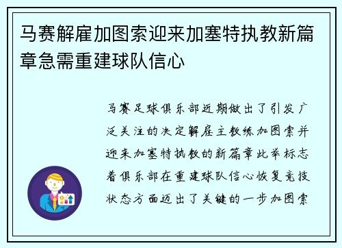 马赛解雇加图索迎来加塞特执教新篇章急需重建球队信心 马赛解雇加图索迎来加塞特执教新篇章急需重建球队信心